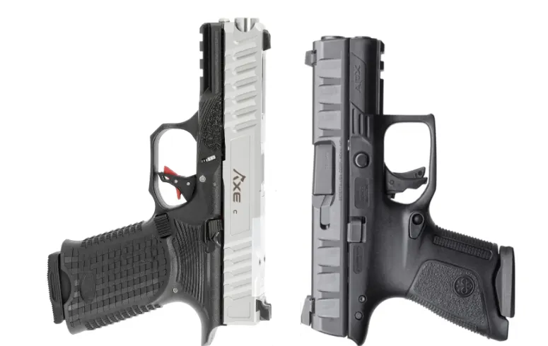 Two handguns placed side by side, one with a white and black finish with "AXE" branding, and the other black with textured grips, against a white background.