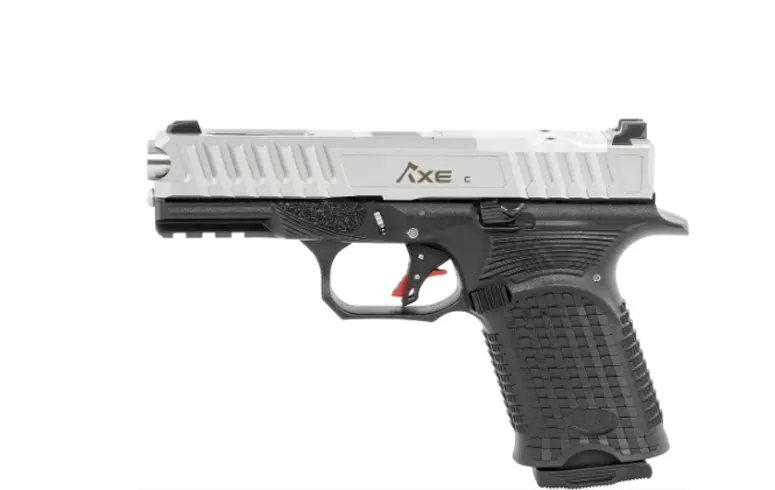 A handgun with a two-tone design featuring 'Axe' branding, a black textured grip, and a red trigger, against a white background.