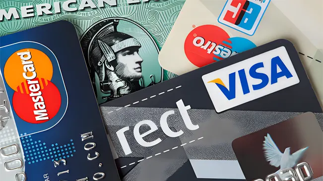 Closeup studio shot of credit and debit cards from MasterCard, Visa, American Express.