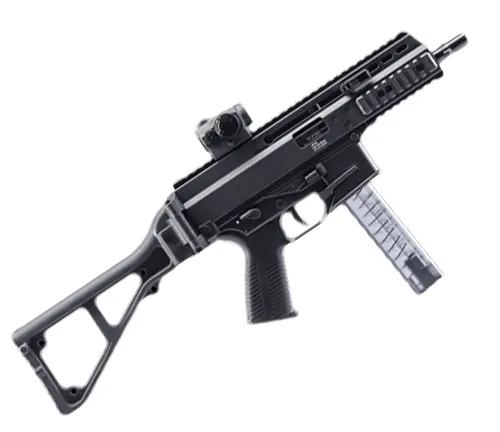 A black compact tactical rifle with a transparent magazine and a red dot sight mounted on top, isolated against a white background.