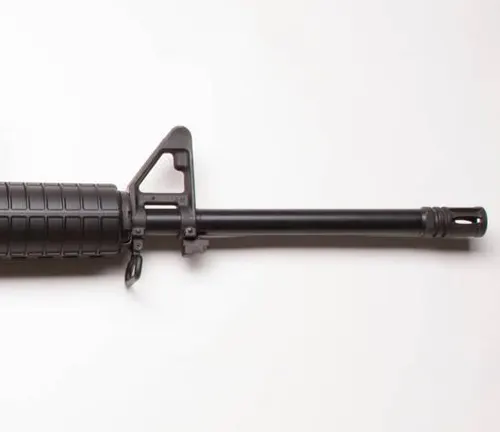 Front end of a Smith & Wesson M&P 15 rifle, showcasing the barrel and handguard