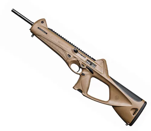 An image of a modern, bolt-action rifle with a synthetic stock in a desert tan color, featuring a long barrel, a scope rail, and an ergonomic grip design.