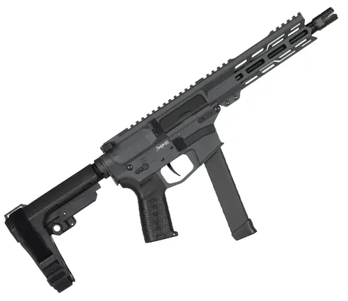 A black compact tactical rifle with a short barrel, collapsible stock, and a magazine inserted, isolated against a white background.