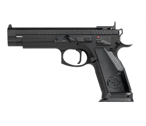 Black CZ 75 TS Czechmate competition pistol with textured grips, extended magazine well, and slide marked with 'CZECHMATE' on the left side.