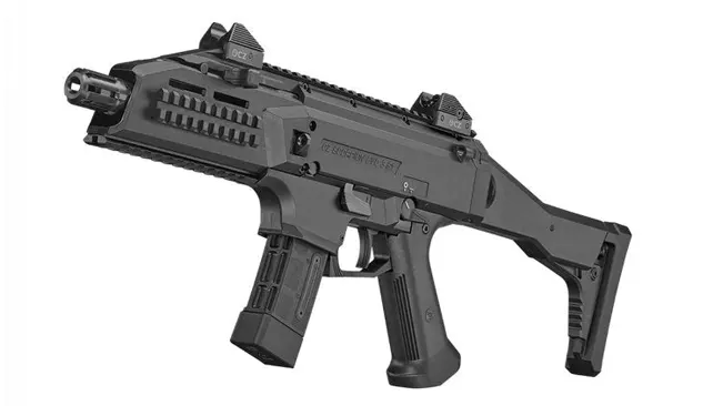 Black CZ Scorpion Evo 3 S1 carbine with red dot sight and extended magazine.