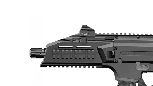 Profile view of a CZ Scorpion Evo 3 S1 with a mini red dot sight.