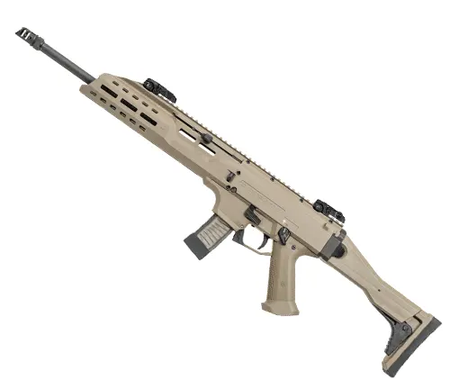 A beige tactical rifle with a scope, iron sights, and an adjustable stock, isolated on a white background.