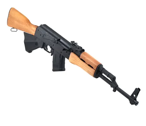 A Century Arms WASR-10 rifle with a wooden foregrip and stock