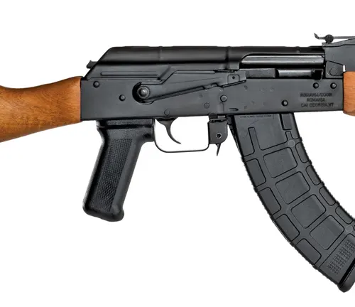 Side profile of a Century Arms WASR-10 rifle with a wooden stock and black polymer magazine