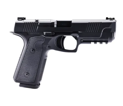 A black semi-automatic pistol with a textured grip and tactical slide design, isolated on a white background.
