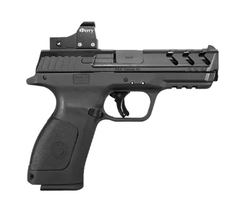 A black EAA Girsan MC-28 semi-automatic pistol with a mounted red dot sight on the slide, an accessory rail, ergonomic grip, and visible control features such as a trigger, magazine release, and safety switch.