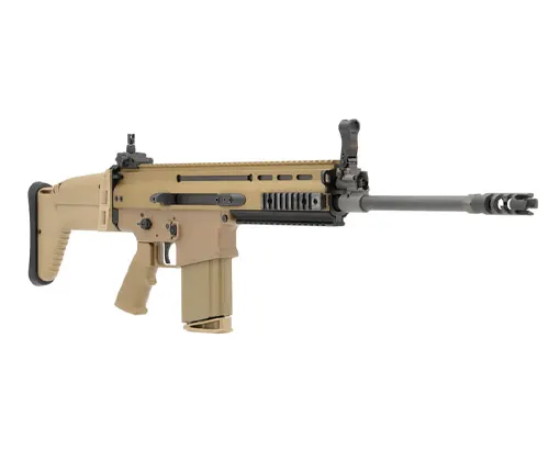 Profile view of an FN SCAR 17S rifle in a tan finish