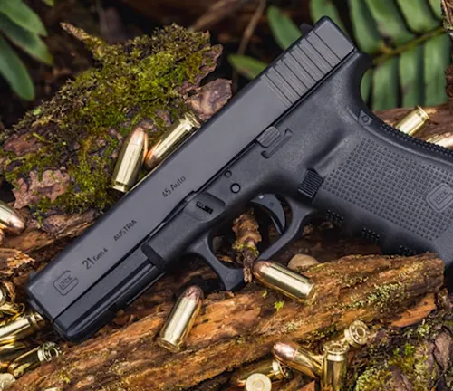 A Glock 21 pistol lying on a mossy log surrounded by scattered .45 ACP bullet casings, set in a natural woodland environment.