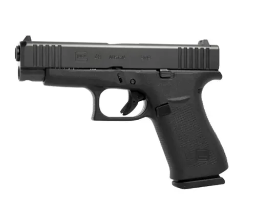 A Glock 48 semi-automatic pistol with a black polymer frame and a matte black slide, featuring a standard magazine capacity and fixed sights.