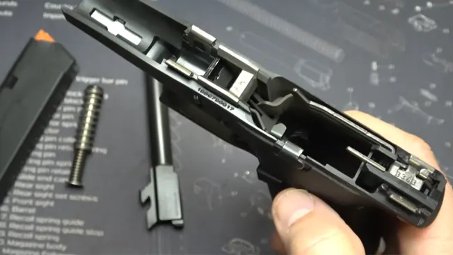 An open view of a disassembled Glock 48, showing the internal mechanism and the slide, with a disassembled magazine and recoil spring placed on a mat with firearm schematics.