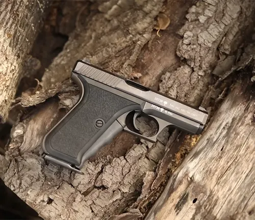 HK P7 PSP pistol placed in a tree bark crevice.