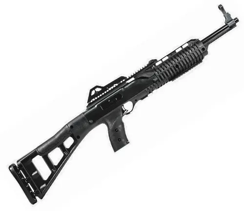 A black, modern semi-automatic rifle with a picatinny rail system and a skeletal stock design.