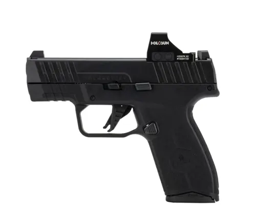 A black IWI Masada Slim semi-automatic pistol with a mounted Holosun red dot sight, featuring a polymer frame, textured grip, and ambidextrous slide release.