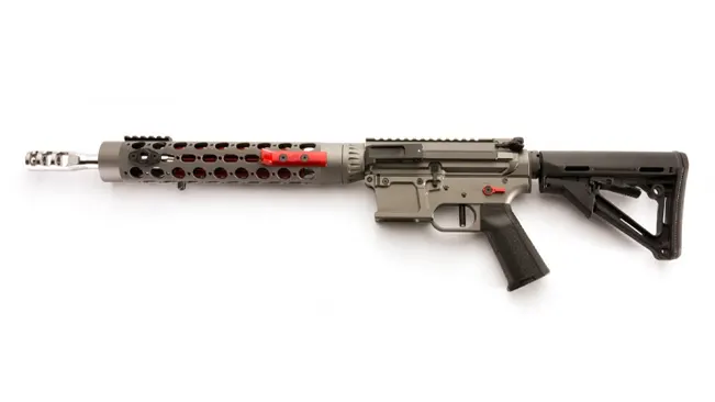Olive drab semi-automatic rifle with a red-detailed ventilated handguard and collapsible stock.