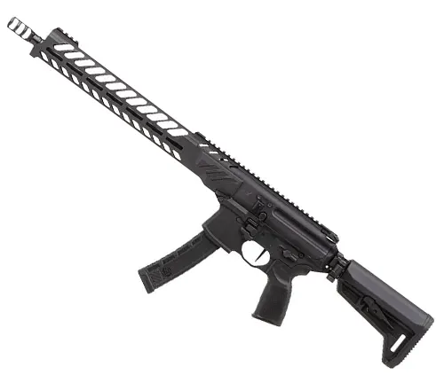 A SIG Sauer MPX with a long barrel and a skeletonized handguard