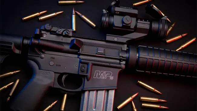Close-up of a Smith & Wesson M&P 15 rifle's front sight and scope mount against a dark background