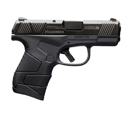 A Mossberg MC1SC subcompact 9mm pistol, featuring a black polymer frame, textured grip, and a stainless steel slide with forward serrations.