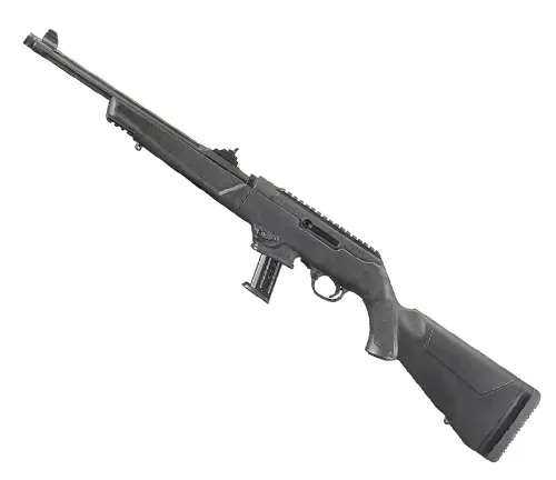 A black rifle on a white background.
