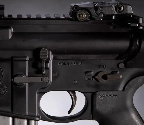 Close-up of a Smith & Wesson M&P 15 rifle's lower receiver