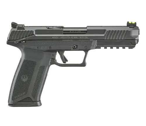 A black Ruger 5.7 semi-automatic pistol with a fiber optic front sight and adjustable rear sight, featuring a textured grip, ambidextrous safety, and a Picatinny rail on the frame for attachments.