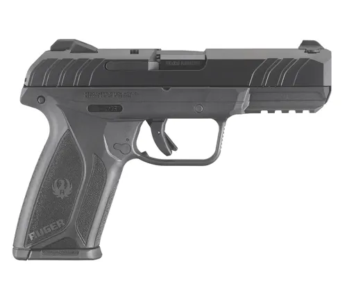 A right-side view of a Ruger Security-9 semi-automatic pistol, showing its black polymer frame, textured grip, slide serrations, and visible safety and slide release controls.