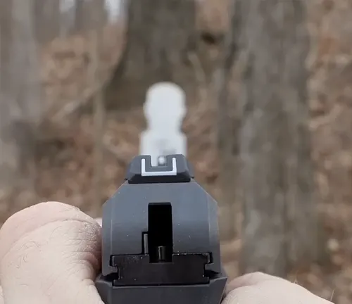 The rear sight perspective of a Ruger Security-9 handgun is shown, aligned with a blurred target in the background, as held by a person in a ready-to-fire position.