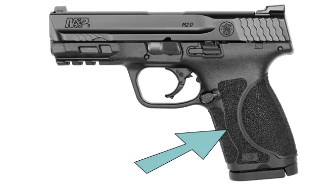 Side view of an S&W M&P 2.0 Compact pistol with an arrow indicating the grip.