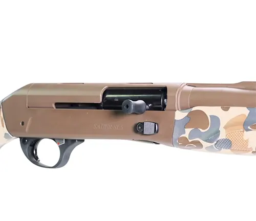 Close-up of the camouflaged Sauer SL5 shotgun receiver in matte brown.