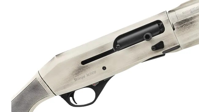 Close-up of the receiver of a Stoeger M3500 shotgun with brushed metal finish.