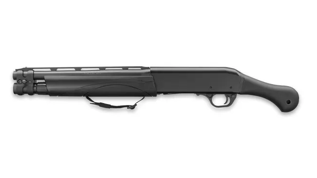 Side profile of a Remington V3 TAC-13 semi-auto firearm with a birdshead grip, against a white backdrop.