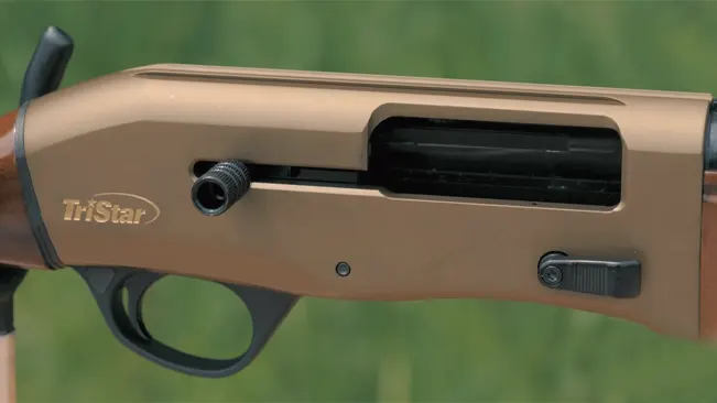 Close-up of the bronze receiver of a TriStar Viper G2 Pro shotgun