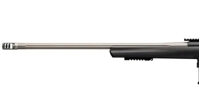 Side profile of Browning X-Bolt Target MAX with fluted barrel and muzzle brake.