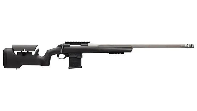 Browning X-Bolt Target MAX rifle with adjustable stock and fluted barrel.
