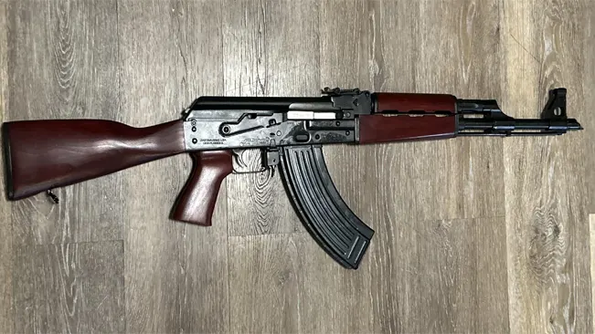 Zastava M70 ZPAP rifle on wooden flooring