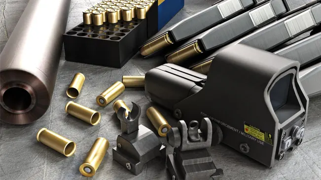 An arrangement of gun accessories and ammunition on a grey surface, including a suppressor, a holographic weapon sight, spent casings, a magazine with bullets, and various tools.