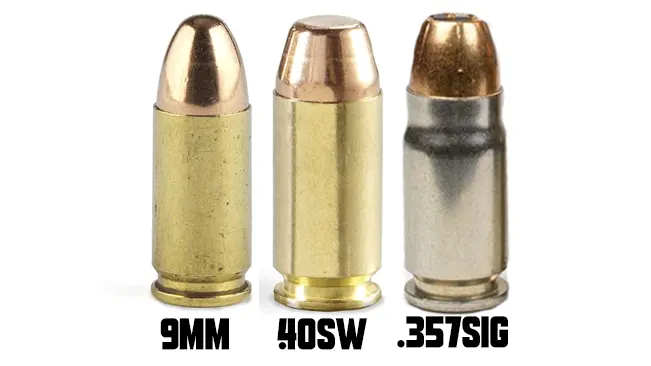 Three different caliber bullets are displayed side by side against a white background: 9mm, .40 S&W, and .357 SIG, with their labels placed below each bullet.