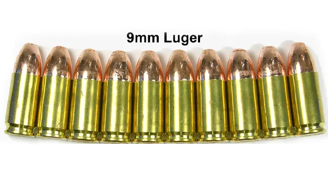 A row of 9mm Luger cartridges with copper bullets and brass casings aligned neatly against a white background, with the text "9mm Luger" displayed above.