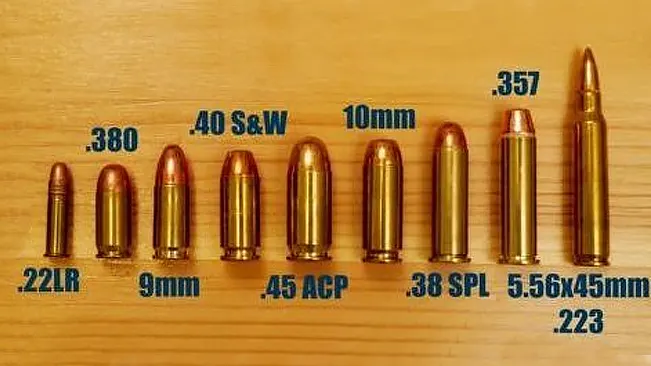 A variety of bullets are arranged in ascending size order on a wooden surface, labeled with their calibers: .22LR, .380, 9mm, .40 S&W, .45 ACP, 10mm, .38 SPL, 5.56x45mm, and .223.