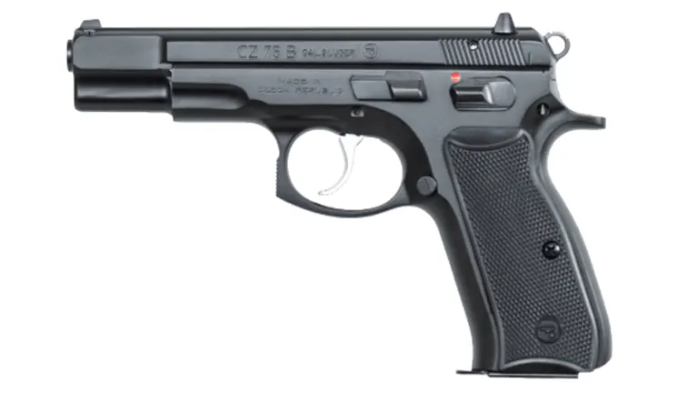 An image of a CZ 75 B 9mm semi-automatic pistol against a white background. The handgun is shown from the right side, showcasing its black finish, textured grip, and exposed hammer. The safety is engaged, as indicated by the red dot.