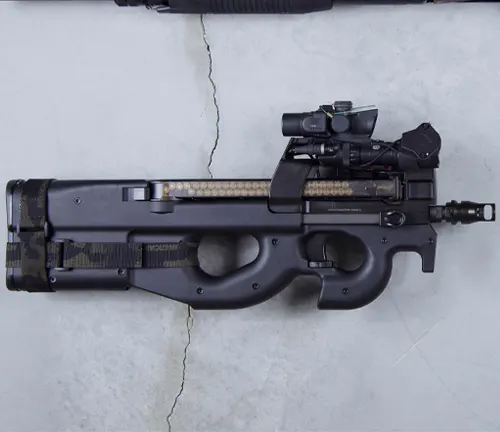 FN PS90 rifle with optic attachment on a grey surface