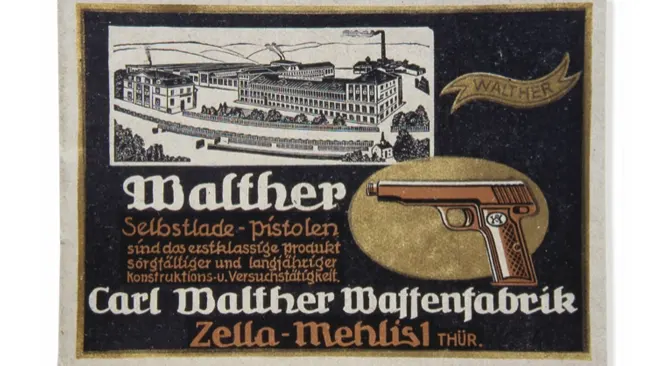 Vintage Walther advertisement with factory illustration, German text, and pistol depiction.