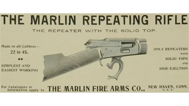 Vintage advertisement for the Marlin Repeating Rifle, highlighting its solid top and side ejection features, from The Marlin Firearms Co.