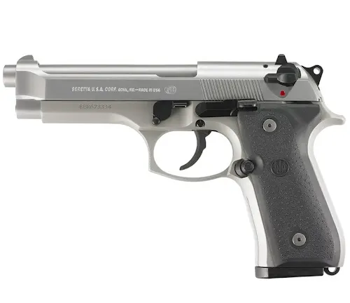 Beretta 92FS INOX with a stainless steel finish and black grips, isolated on a white background.