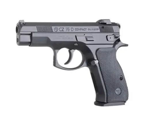 A CZ-75 PCR compact pistol with a black finish and textured grip on a light background.