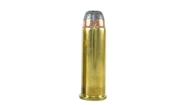 A .44 caliber bullet with a brass casing, likely for a Charter Arms Bulldog revolver.